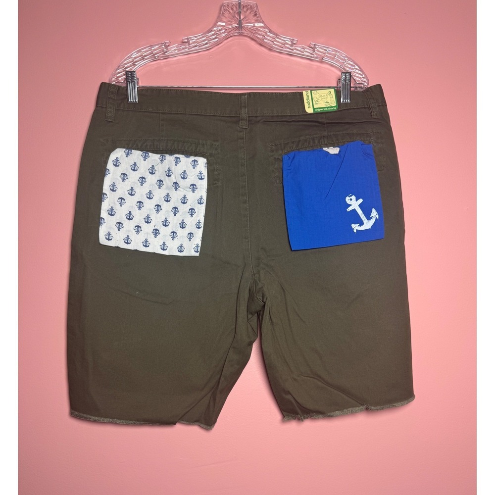 Toddland Shipwreck Shorts Mens 36 Olive Green Nautical Anchor Pull Out Pockets